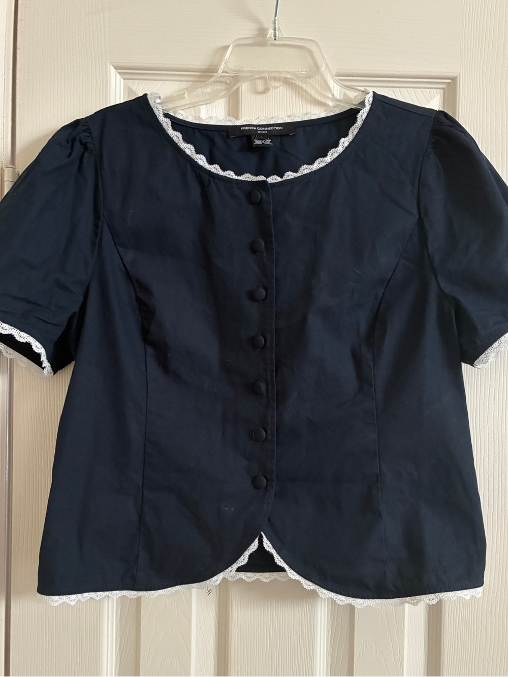 French Connection Classic Navy Lace-Trim Button Front Top